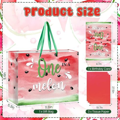LUUFILx 1st Birthday Gift Bag for Girls One in A Melon Party Decorations with Wrapping Paper Card Watermelon First Birthday Gift Bag for Baby Shower Decorations Party Supplies in Saudi Arabia