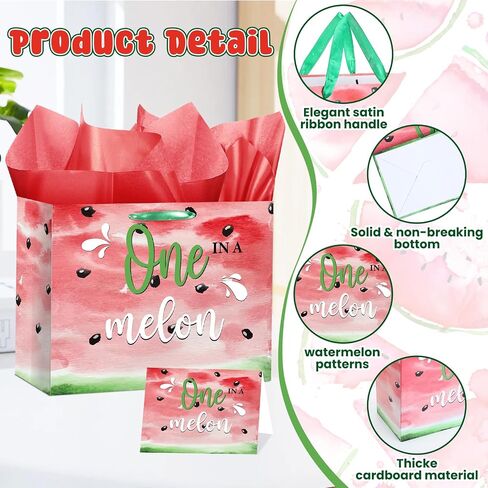 LUUFILx 1st Birthday Gift Bag for Girls One in A Melon Party Decorations with Wrapping Paper Card Watermelon First Birthday Gift Bag for Baby Shower Decorations Party Supplies in Saudi Arabia