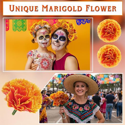 Syhood 50 Pcs Marigold Flower Bulk Black History Month Decorations Flores Artificiales para Decoracion Flowers for Black History Month Flowers with Stems DIY Marigold Garland(2.4 Inch,Multi Colors) in Saudi Arabia
