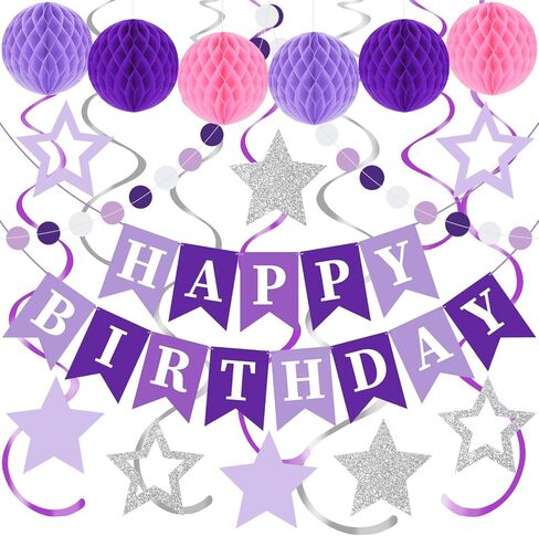 Birthday Party Decorations Set with Happy Birthday Banner, 6 Honeycomb Balls, 8 Butterfly Hanging Swirl Streamer, and Circle Dots Garland for Women Girls in Saudi Arabia