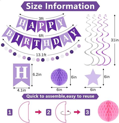 Birthday Party Decorations Set with Happy Birthday Banner, 6 Honeycomb Balls, 8 Butterfly Hanging Swirl Streamer, and Circle Dots Garland for Women Girls in Saudi Arabia