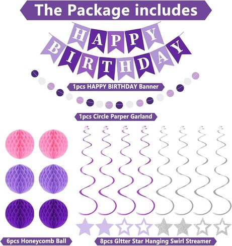 Birthday Party Decorations Set with Happy Birthday Banner, 6 Honeycomb Balls, 8 Butterfly Hanging Swirl Streamer, and Circle Dots Garland for Women Girls in Saudi Arabia