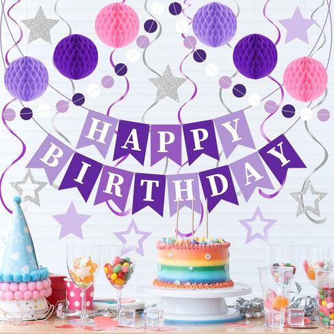 Birthday Party Decorations Set with Happy Birthday Banner, 6 Honeycomb Balls, 8 Butterfly Hanging Swirl Streamer, and Circle Dots Garland for Women Girls in Saudi Arabia