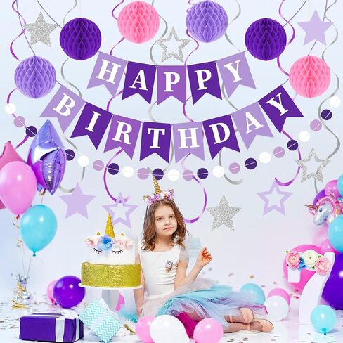 Birthday Party Decorations Set with Happy Birthday Banner, 6 Honeycomb Balls, 8 Butterfly Hanging Swirl Streamer, and Circle Dots Garland for Women Girls in Saudi Arabia