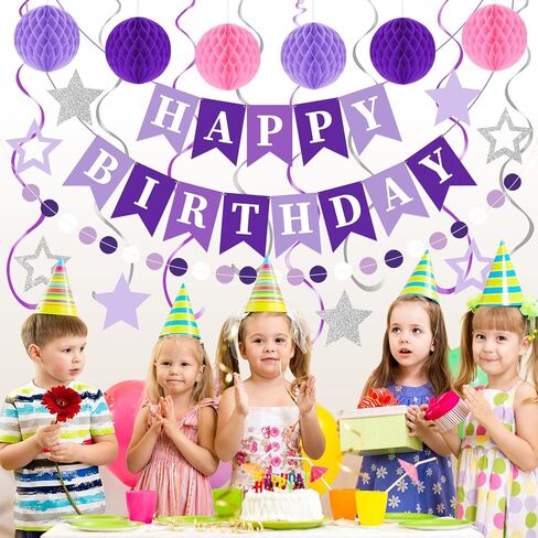 Birthday Party Decorations Set with Happy Birthday Banner, 6 Honeycomb Balls, 8 Butterfly Hanging Swirl Streamer, and Circle Dots Garland for Women Girls in Saudi Arabia