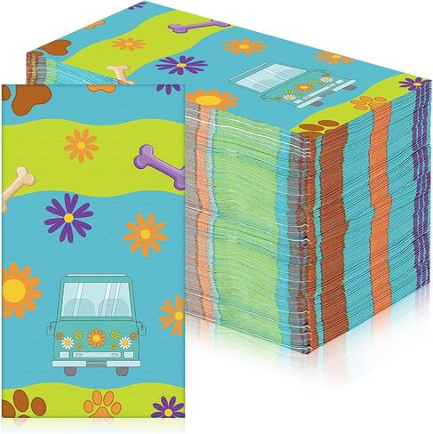 Marspark 100 Pcs Cartoon Dog Party Supplies Mysterious Car Hippie Paper Napkins Disposable Paw Daisy Flower Mystery Bus Cocktail Napkins for Themed Party Birthday Supplies, 6.5 x 6.5 Inches in Saudi Arabia