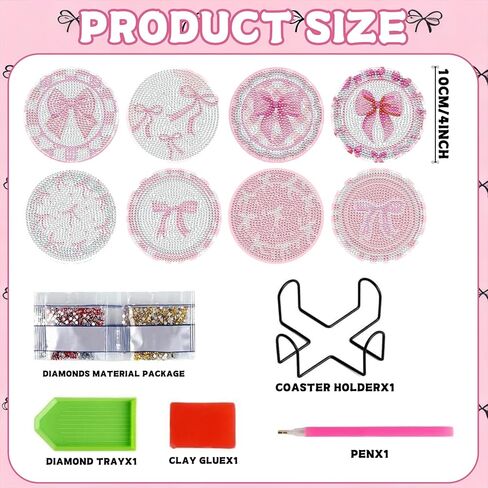 8 Pcs Diamond Painting Coasters,Diamond Painting Kits,Black Bow Diamond Art Coasters,5D DIY Full Drill Diamond Dots,Gem Art Kits for Adults Arts and Crafts Supplies in Kuwait