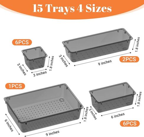 15 PCS Clear Plastic Drawer Organizer Set, 4-Size Acrylic Drawer Storage Trays, Storage Bins for Makeup, Gadgets, and Jewelry in Bathroom, Bedroom and Office, Clear Black in Kuwait