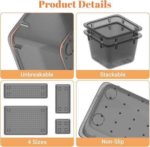 15 PCS Clear Plastic Drawer Organizer Set, 4-Size Acrylic Drawer Storage Trays, Storage Bins for Makeup, Gadgets, and Jewelry in Bathroom, Bedroom and Office, Clear Black in Kuwait