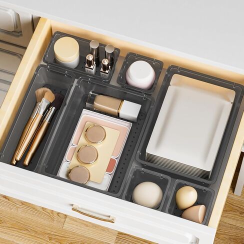 15 PCS Clear Plastic Drawer Organizer Set, 4-Size Acrylic Drawer Storage Trays, Storage Bins for Makeup, Gadgets, and Jewelry in Bathroom, Bedroom and Office, Clear Black in Kuwait