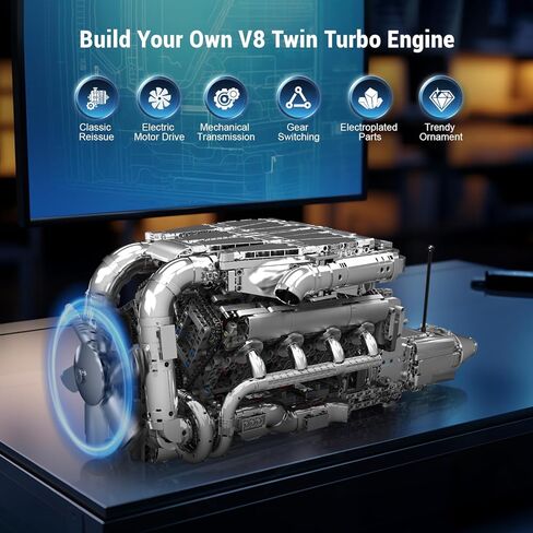 Mould King Mini V8 Twin Turbo Engine Model Kit that Works - 2899+ PCS Build Your Own Visible Model Engine Kit for Adults with Motor and Battery, STEM Car Engine Building Blocks Toys for Kids/Adults 8+ in Kuwait