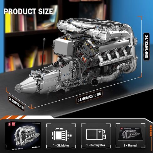 Mould King Mini V8 Twin Turbo Engine Model Kit that Works - 2899+ PCS Build Your Own Visible Model Engine Kit for Adults with Motor and Battery, STEM Car Engine Building Blocks Toys for Kids/Adults 8+ in Kuwait