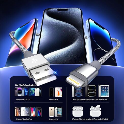 شاحن iPhone [Apple MFI معتمد] 3pack 10ft Long Lightning Cable Charging سريعًا لبيانات عالية المزامنة كابل USB متوافق مع iPhone 13/12/11 PRO MAX/XS MAX/XR/XS/X/8/7/PLUS/6S (أسود رمادي) in Kuwait