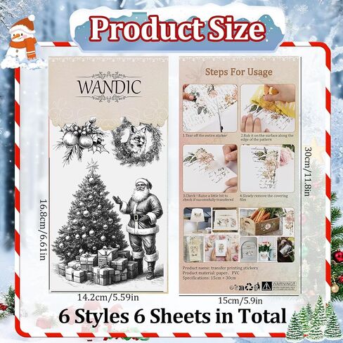 WANDIC 6 Sheets Christmas Theme Rub On Transfer Sticker, Merry Christmas Stickers Transfer Decals for DIY Photo Albums Furniture, 5.9 * 11.8in in Saudi Arabia