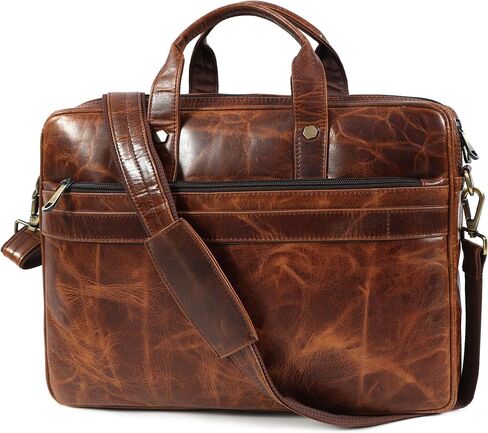Mens Laptop Bag | 16 Inch Leather Briefcase Vintage Messenger Bag | 3 Zipper Pockets | 2 Spacious inner Compartments | 1 Flap Pocket | With Ajustable Straps And Metal Grip | (Dark Brown) in Saudi Arabia