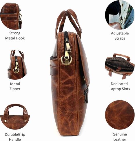 Mens Laptop Bag | 16 Inch Leather Briefcase Vintage Messenger Bag | 3 Zipper Pockets | 2 Spacious inner Compartments | 1 Flap Pocket | With Ajustable Straps And Metal Grip | (Dark Brown) in Saudi Arabia