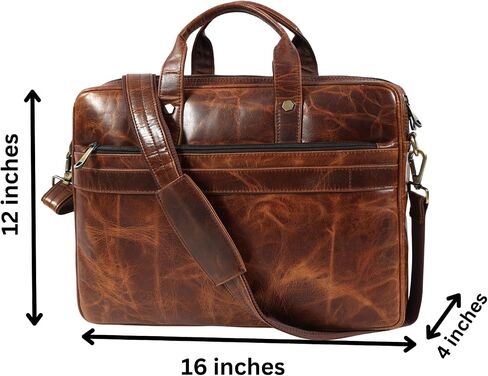 Mens Laptop Bag | 16 Inch Leather Briefcase Vintage Messenger Bag | 3 Zipper Pockets | 2 Spacious inner Compartments | 1 Flap Pocket | With Ajustable Straps And Metal Grip | (Dark Brown) in Saudi Arabia