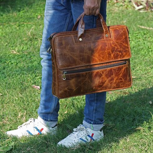 Mens Laptop Bag | 16 Inch Leather Briefcase Vintage Messenger Bag | 3 Zipper Pockets | 2 Spacious inner Compartments | 1 Flap Pocket | With Ajustable Straps And Metal Grip | (Dark Brown) in Saudi Arabia
