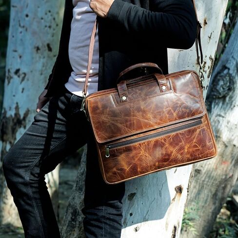 Mens Laptop Bag | 16 Inch Leather Briefcase Vintage Messenger Bag | 3 Zipper Pockets | 2 Spacious inner Compartments | 1 Flap Pocket | With Ajustable Straps And Metal Grip | (Dark Brown) in Saudi Arabia