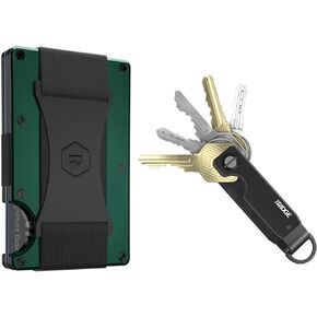 The Ridge Secure Essentials Bundle: Minimalist RFID-Blocking Slim Wallet with Cash Strap Forest Green & Compact Key Organizer Set Aluminum Black
