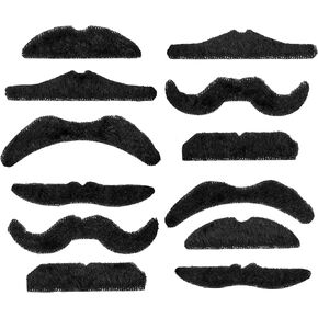 Fake Mustaches Adhesive - Set of 12 - Mustache Costume - Kids Mustache Stick On - Playtime Dress Up Fun for Pirate & Halloween Party