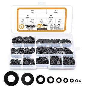 VIGRUE Assorted Flat Washers Set 684 Pieces -9 Sizes M2 M2.5 M3 M4 M5 M6 M8 M10 M12 Black Zinc Plated Alloy Steel Washers Hardware Assortment