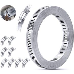 304 Stainless Steel Band Hose Clamp Assortment Kit, 10 FT Metal Straps with 8 Adjustable Fasteners, Large Long Worm Gear Drive Hose Clamps Screw Duct Pipe Clamp Strapping DIY