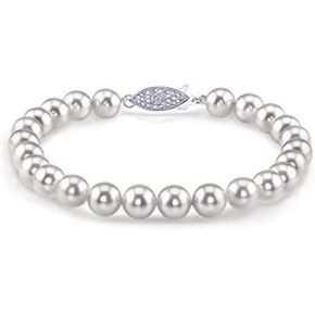 The Pearl Source 14K Gold 7.5-8mm Round White Japanese Akoya Saltwater Cultured Pearl Bracelet for Women