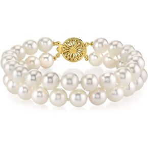 The Pearl Source 14K Gold AAAA Quality Round White Double Freshwater Cultured Pearl Bracelet for Women
