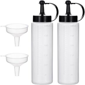 2 Pack 10oz Plastic Squeeze Squirt Condiment Bottles with Cap Lids and Funnel - top dispensers for ketchup mustard mayo hot sauces olive oil