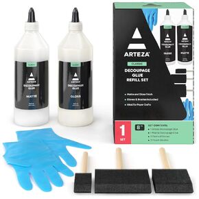 Arteza Decoupage Glue Craft Kit, 1 Gloss-Finish Glue and 1 Matte-Finish Glue, 8-oz Bottles, Foam Brushes, Plastic Spreader Tools, Gloves, Art Supplies for Paper Crafting, Scrapbooking, and Decorating