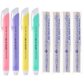 Xeno Tri-II Retractable Click 4 Erasers and 8 Refills (Assorted Colors Bundle)