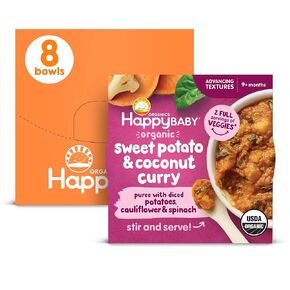 Happy Baby Organics Baby Food, Advancing Textures Bowl Pumpkin & Tomato Paella Puree with Chopped Squash & Orzo, 4 Oz (Pack of 8)