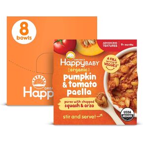 Happy Baby Organics Baby Food, Advancing Textures Bowl Pumpkin & Tomato Paella Puree with Chopped Squash & Orzo, 4 Oz (Pack of 8)