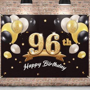 Happy 96th Birthday Banner Backdrop - 96 Birthday Party Decorations Supplies for Men - Black Gold 4 x 6ft