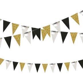 3 Pack Black Gold Silver Party Decoration Glitter Paper Triangle Banner Flag Double Sided Bunting Garland for Birthday Graduation Anniversary Wedding Bridal Shower Festival Party Supplies