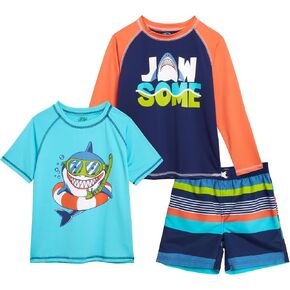Little Boys' Rash Guard Swim Set - 3 Piece Bathing Suit Trunks and Rash Guard Shirt (2T-7)
