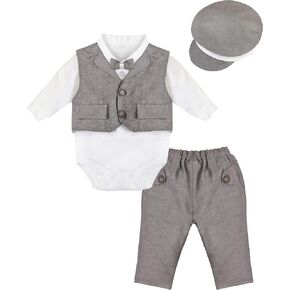 طقم بدلة قطنية مكون من 4 قطع من Lilax Baby Boy Tuxedo Gentleman Dress Shirt وربطة عنق وبنطلون وقبعة