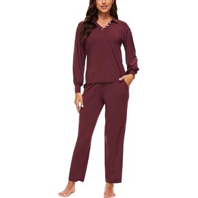 GYS Woman's Bamboo-Derived Viscose Ruffle Lantern Sleeve Top and Pants Pajama Sets