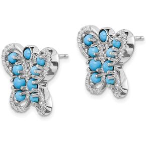 14K White Gold Turquoise White Topaz Butterfly Stud Earrings