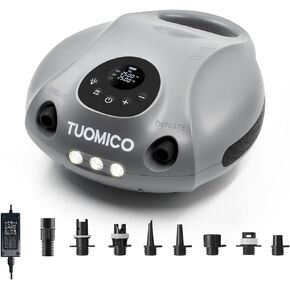 مضخة هواء Tuomico 25PSI الكهربائية المحمولة، بطارية قابلة لإعادة الشحن، 14.8 فولت، 4 دقائق نفخ، إيقاف تلقائي لجناح قارب الكاياك القابل للنفخ