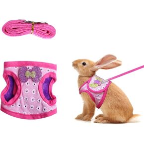 Rabbit Harness and Leash Bunny Leash for Walking Escape Proof Adjustable Soft Vest Harness for Bunny Guinea Pig Small Animals Leash Set (Pink)