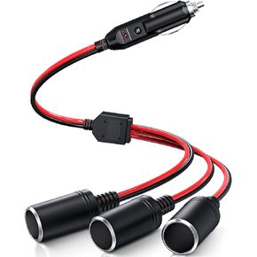 ELECTOP 1 to 3 Car Cigarette Lighter Socket Splitter Adapter Power Charger Port, 12V 24V Car Power Splitter 3-Way Plug Outlet Adapter, 12inch Cigarette Lighter Extension Cord Cable 16AWG with 15A Fuse