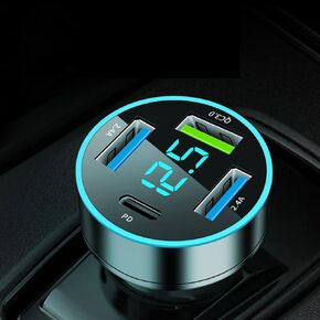 محول شاحن سيارة USB C، شاحن USB ولاعة سجائر السيارة بـ 4 منافذ مع مقياس فولتميتر LED PD & QC3.0 شاحن هاتف محول USB للسيارة متوافق مع أجهزة iPhone وGalaxy وiPad اللوحية والمزيد