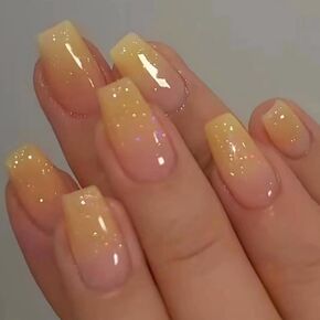 Hkanlre Bling Coffin Press on Nails Fake Nails Tips Full Cover Medium False Gradient Nails for Women and Girls 24PCS (Yellow Coffin)