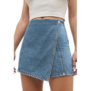 PLNOTME Womens Denim Skorts High Waisted Casual Summer Asymmetrical Hem Criss Cross Jean Skirt Shorts