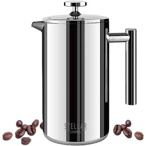 Stellar Living 34 OZ Stainless Steel French Press Coffee Maker with Double Vacuum Insulation, Maximum Flavor Coffee Brewer, Tea and Coffee Press, Camp Coffee Maker - Matte Silver with Wooden Handle