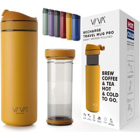 VIVA Recharge Blue Insulated Tea & Coffee Mug & Travel French Press Coffee Maker, 16 oz, Brew & Drink From the Same Coffee Mug On the Go or Camping