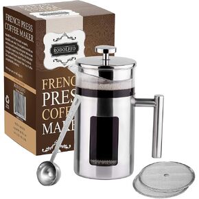 34 Ounce French Press Coffee Maker with Stainless Steel 18/8 frame, 1 Litre Heat Resistant Borosilicate Glass Carafe includes 2 extra French Press Filters and 1 Coffee Spoon