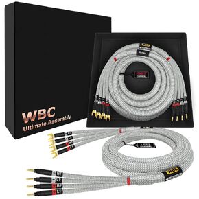 WORLDS BEST CABLES 3 Foot Ultimate - 12 AWG - Ultra-Pure OFC - Premium Audiophile HiFi Bi-Amp Speaker Cable Pair with Eminence Gold Banana (x4) & Spade (x4) Plugs & Silver Tweed Jacket
